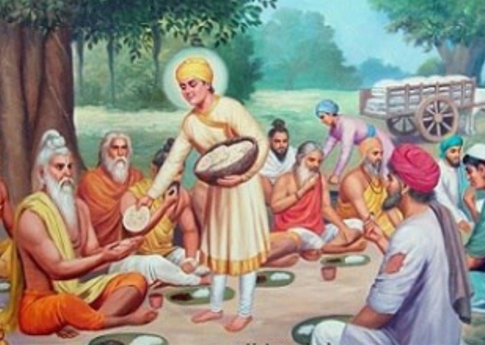 Guru nanak dev ji bhukhe sadhuan nu bhojan kervande hoye